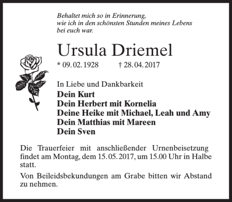 Traueranzeigen Von Ursula Driemel Trauer Anzeigen De