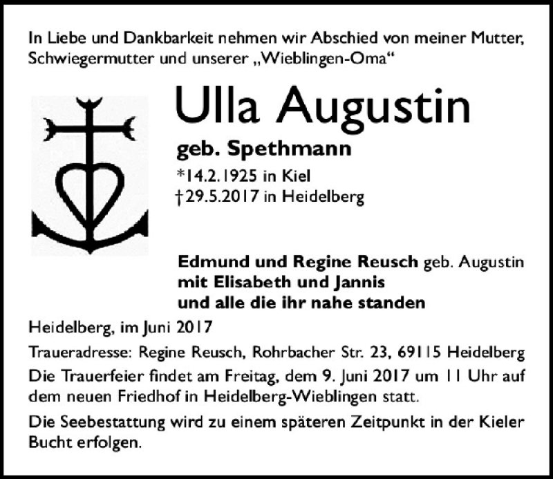 Traueranzeigen Von Ulla Augustin Trauer Anzeigen De