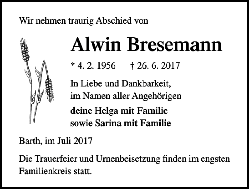 Traueranzeigen Von Alwin Bresemann Trauer Anzeigen De