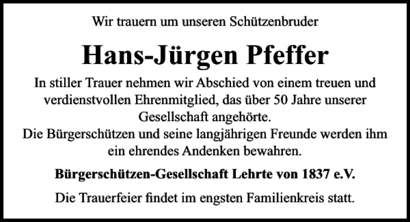 Traueranzeigen Von Hans J Rgen Pfeffer Trauer Anzeigen De