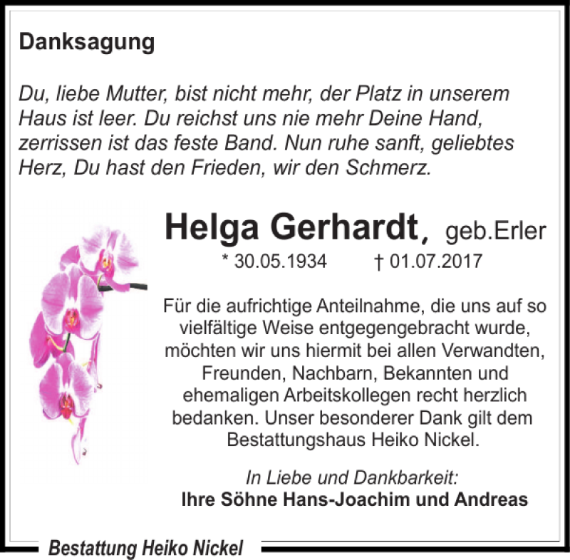 Traueranzeigen Von Helga Gerhardt Trauer Anzeigen De