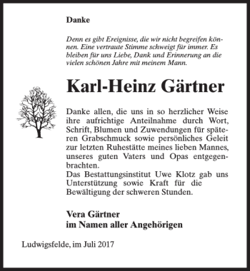 Traueranzeigen von Karl Heinz Gärtner trauer anzeigen de