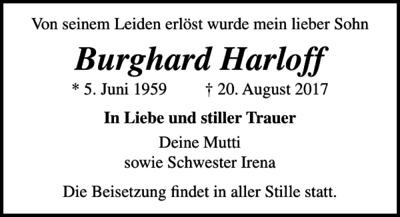 Traueranzeigen Von Burghard Harloff Trauer Anzeigen De