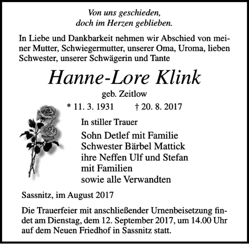 Traueranzeigen Von Hanne Lore Klink Trauer Anzeigen De