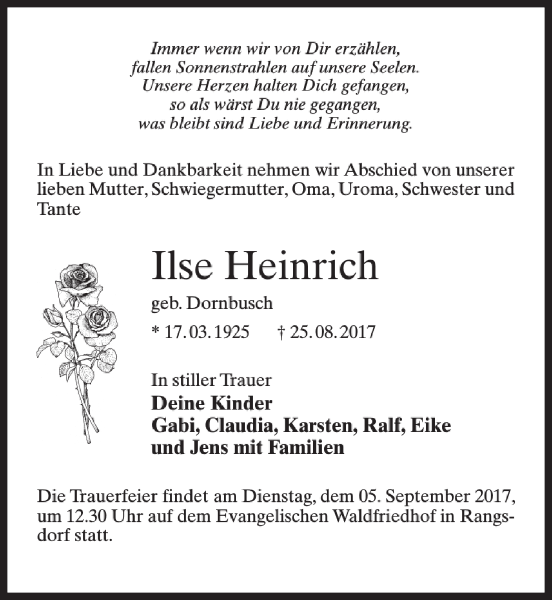 Traueranzeigen Von Ilse Heinrich Trauer Anzeigen De