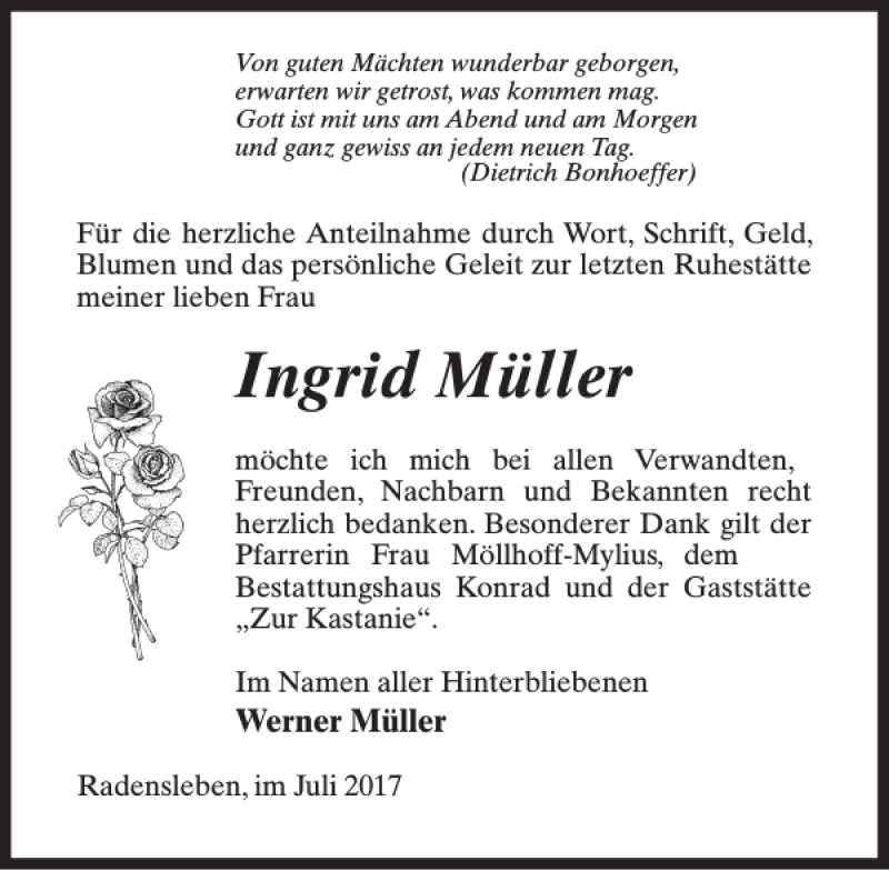 Traueranzeigen von Ingrid Müller trauer anzeigen de