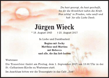 Traueranzeigen von Jürgen Wieck trauer anzeigen de