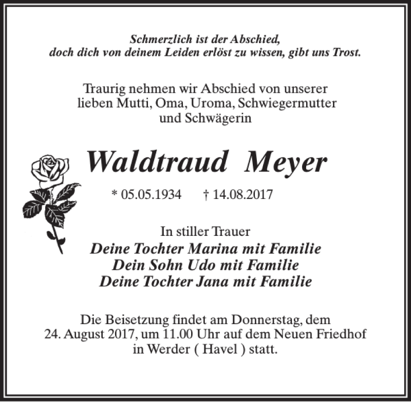 Traueranzeigen Von Waldtraud Meyer Trauer Anzeigen De