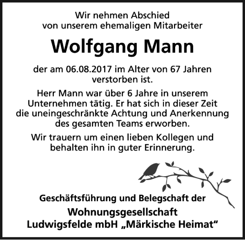 Traueranzeigen Von Wolfgang Mann Trauer Anzeigen De