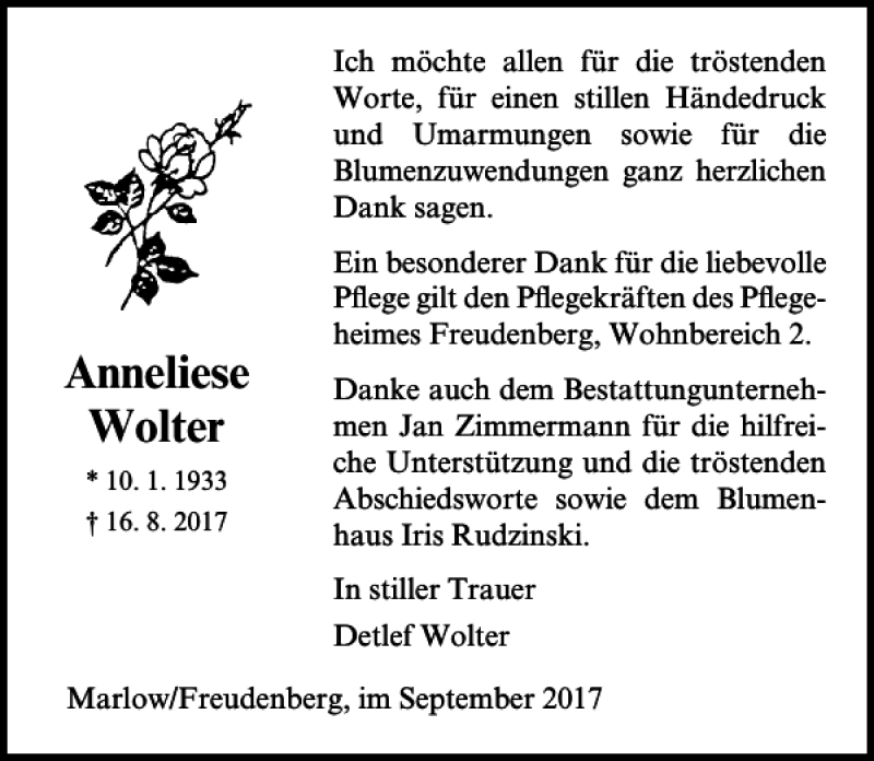 Traueranzeigen Von Anneliese Wolter Trauer Anzeigen De