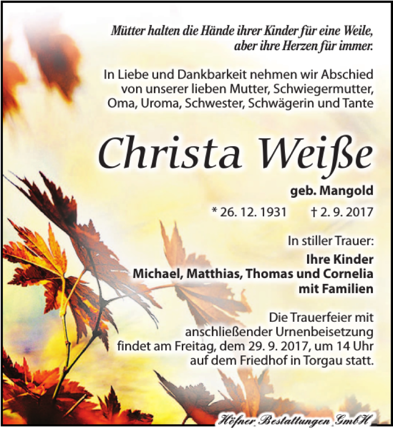 Traueranzeigen Von Christa Wei E Trauer Anzeigen De