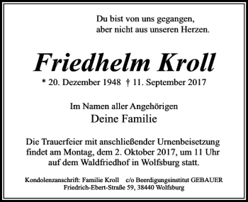 Traueranzeigen Von Friedhelm Kroll Trauer Anzeigen De