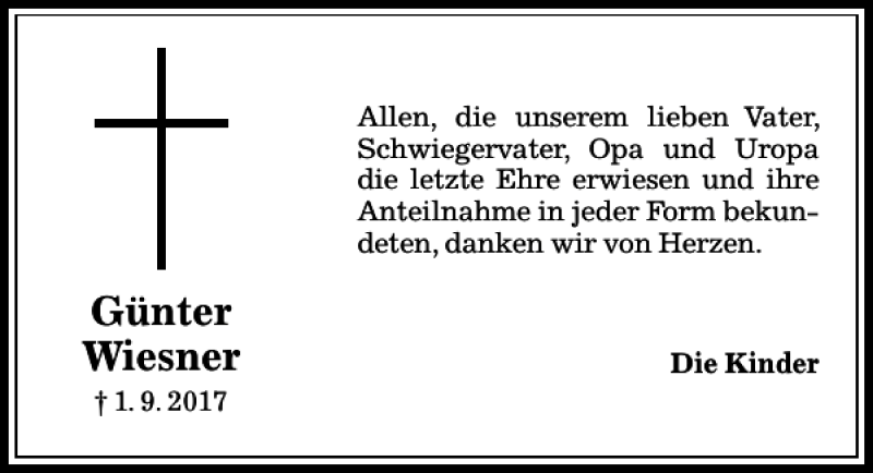 Traueranzeigen von Günter Wiesner trauer anzeigen de