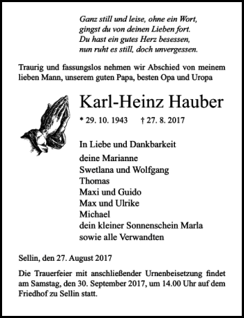 Traueranzeigen Von Karl Heinz Hauber Trauer Anzeigen De