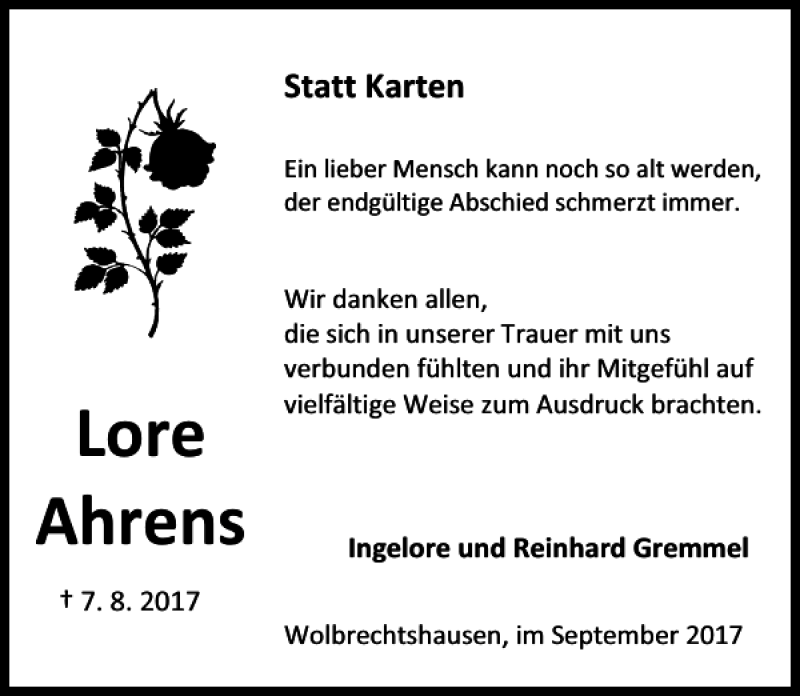 Traueranzeigen Von Lore Ahrens Trauer Anzeigen De