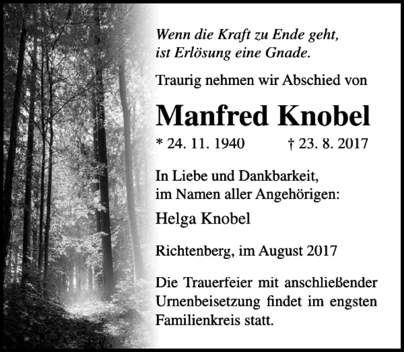 Traueranzeigen Von Manfred Knobel Trauer Anzeigen De