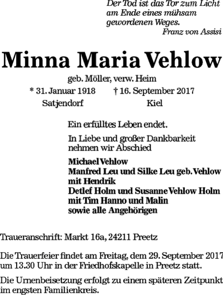 Traueranzeigen Von Minna Maria Vehlow Trauer Anzeigen De