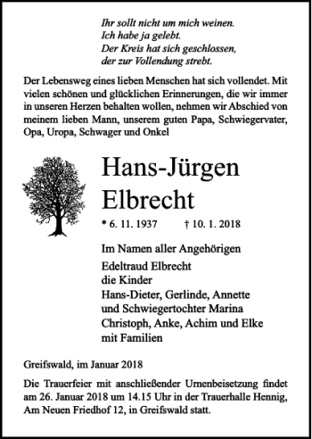 Traueranzeigen Von Hans J Rgen Elbrecht Trauer Anzeigen De