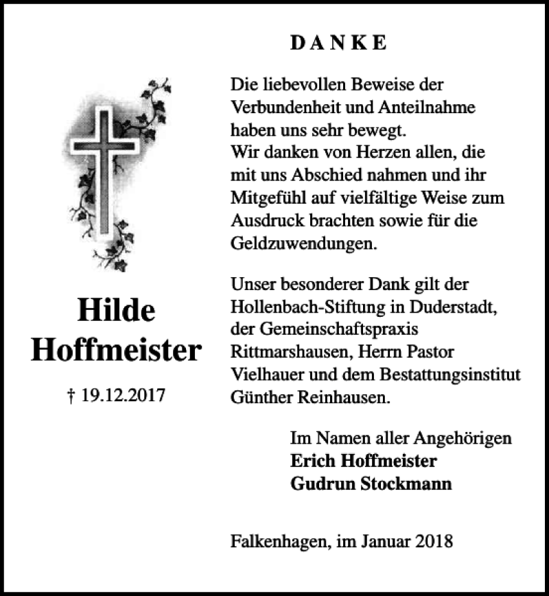 Traueranzeigen Von Hilde Hoffmeister Trauer Anzeigen De