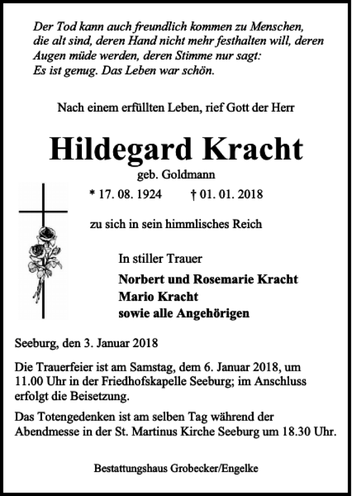 Traueranzeigen Von Hildegard Kracht Trauer Anzeigen De