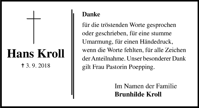 Traueranzeigen Von Hans Kroll Trauer Anzeigen De