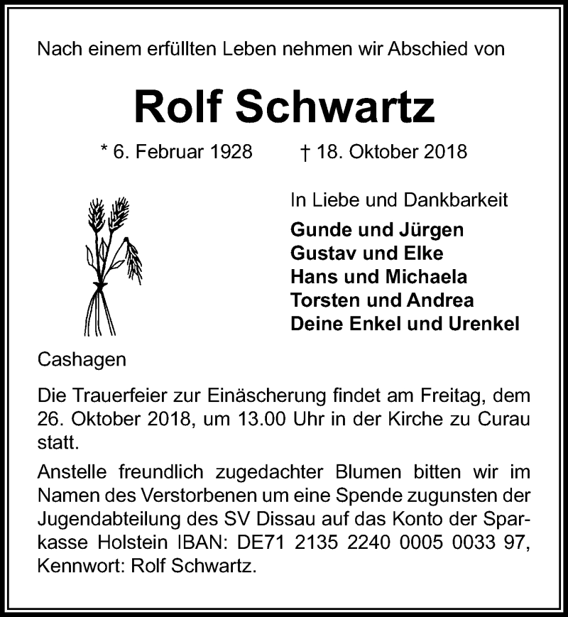 Traueranzeigen Von Rolf Schwartz Trauer Anzeigen De