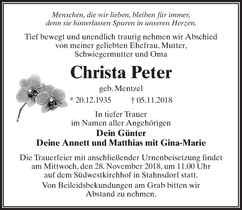 Traueranzeigen Von Christa Peter Trauer Anzeigen De