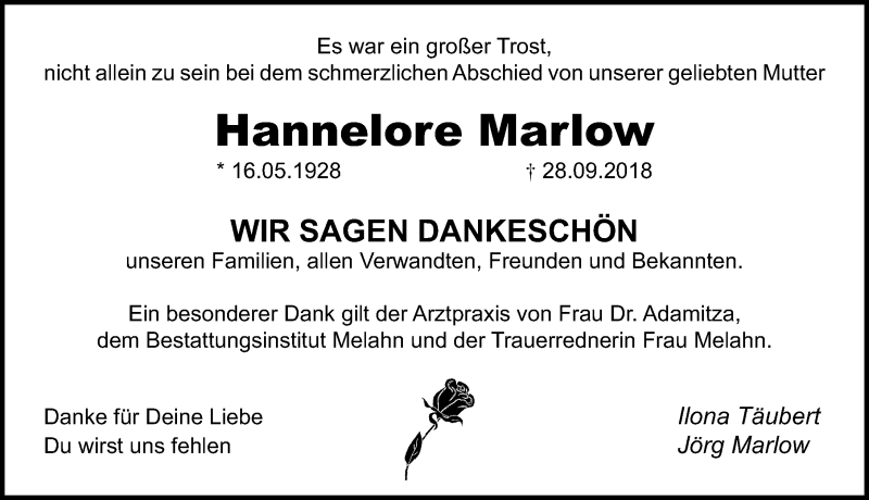 Traueranzeigen Von Hannelore Marlow Trauer Anzeigen De