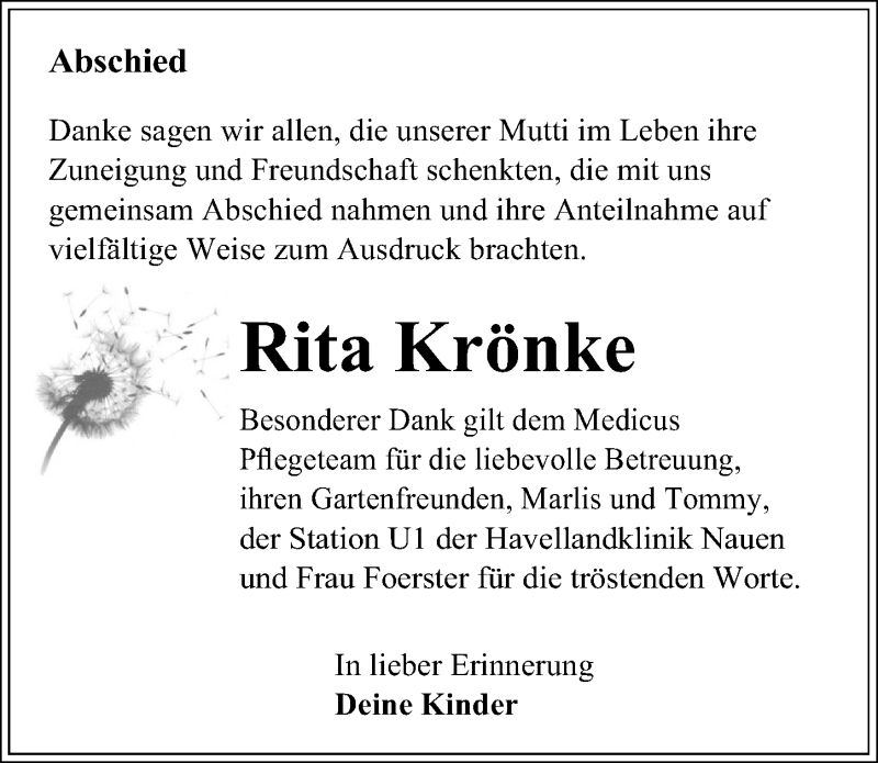 Traueranzeigen von Rita Krönke trauer anzeigen de