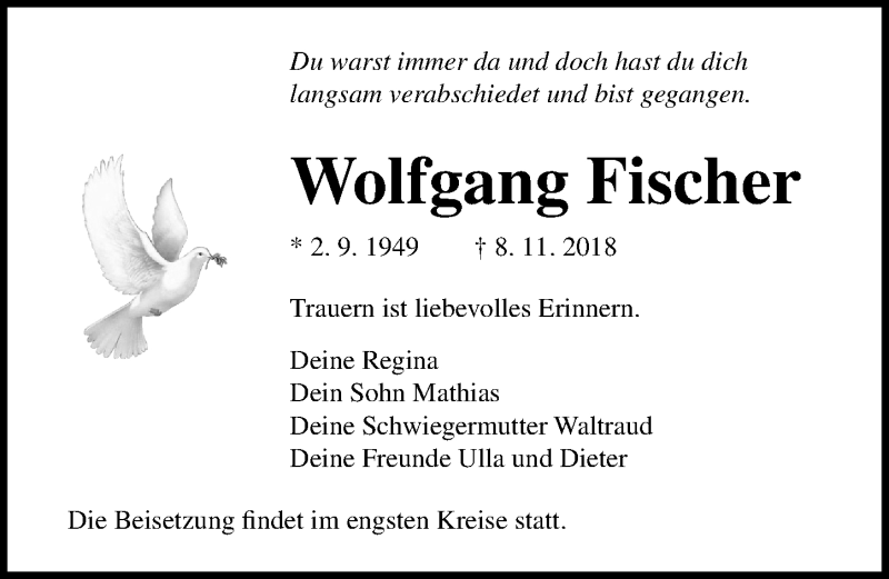 Traueranzeigen Von Wolfgang Fischer Trauer Anzeigen De