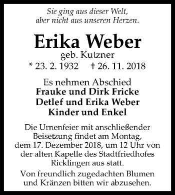 Traueranzeigen Von Erika Weber Trauer Anzeigen De