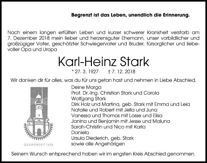 Traueranzeigen Von Karl Heinz Stark Trauer Anzeigen De