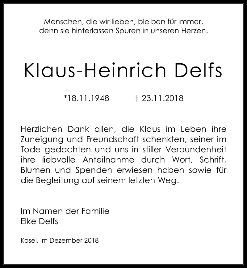 Traueranzeigen Von Klaus Heinrich Delfs Trauer Anzeigen De