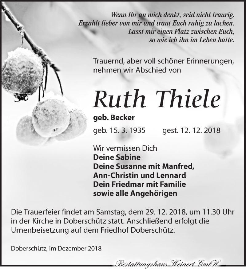 Traueranzeigen Von Ruth Thiele Trauer Anzeigen De