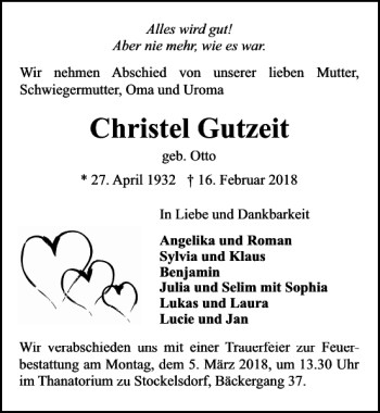 Traueranzeigen Von Christel Gutzeit Trauer Anzeigen De