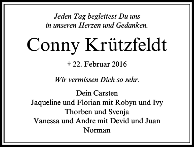 Traueranzeigen Von Conny Kr Tzfeldt Trauer Anzeigen De