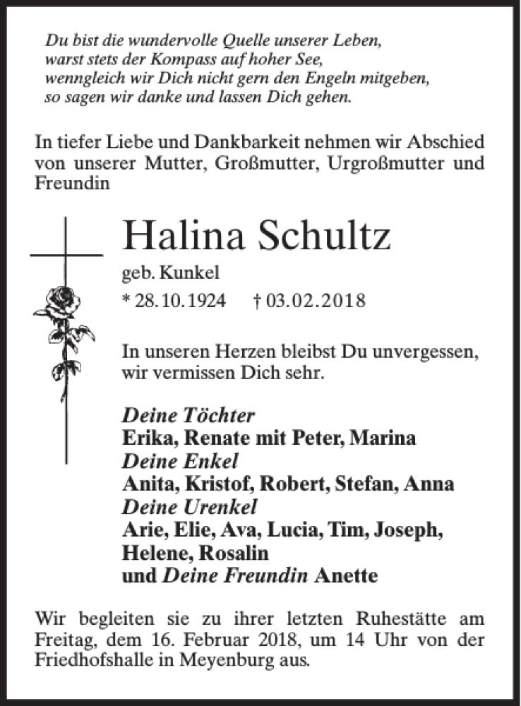 Traueranzeigen Von Halina Schultz Trauer Anzeigen De