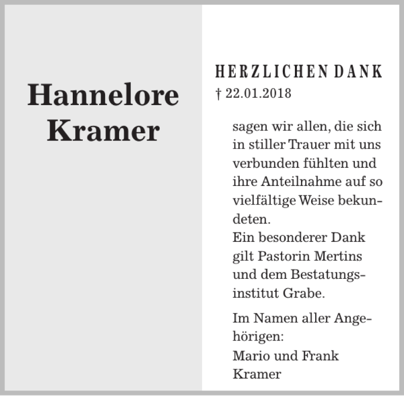 Traueranzeigen Von Hannelore Kramer Trauer Anzeigen De