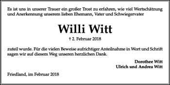 Traueranzeigen Von Willi Witt Trauer Anzeigen De