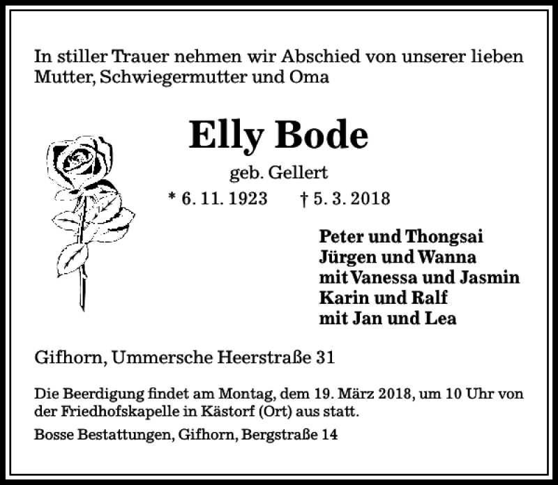 Traueranzeigen Von Elly Bode Trauer Anzeigen De