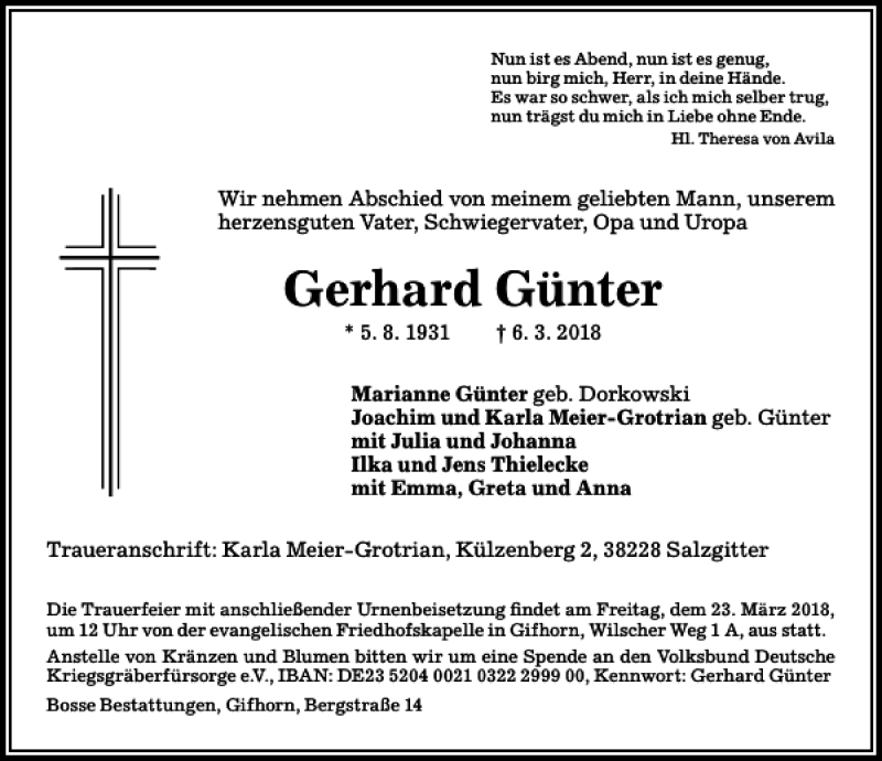 Traueranzeigen Von Gerhard Guenter Trauer Anzeigen De