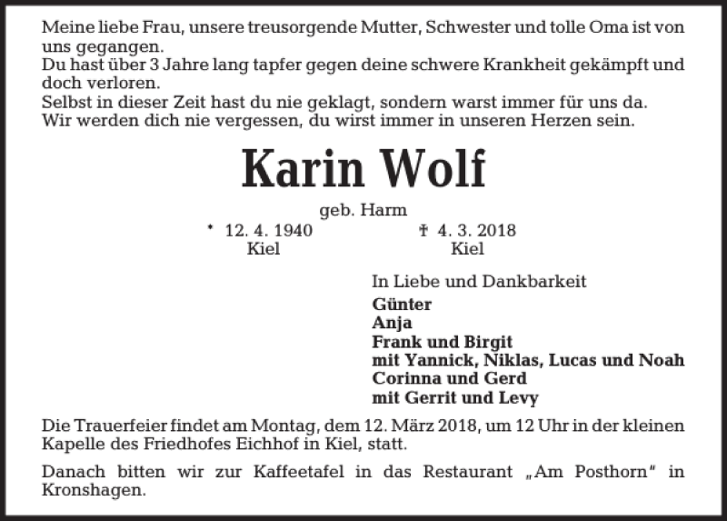 Traueranzeigen Von Karin Wolf Trauer Anzeigen De