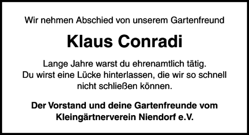 Traueranzeigen Von Klaus Conradi Trauer Anzeigen De