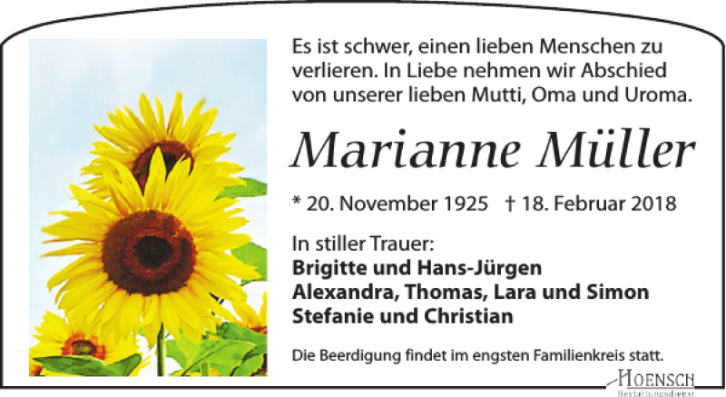 Traueranzeigen Von Marianne M Ller Trauer Anzeigen De