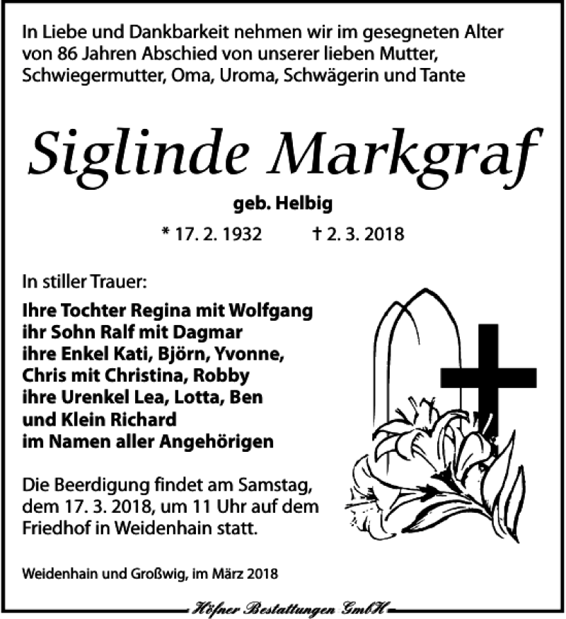 Traueranzeigen Von Siglinde Markgraf Trauer Anzeigen De