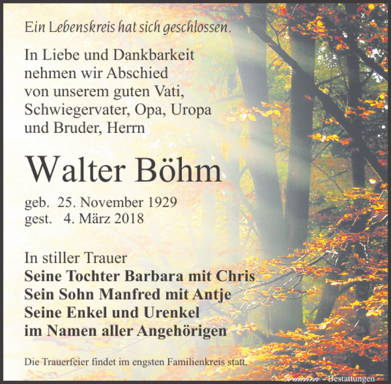 Traueranzeigen von Walter Böhm trauer anzeigen de