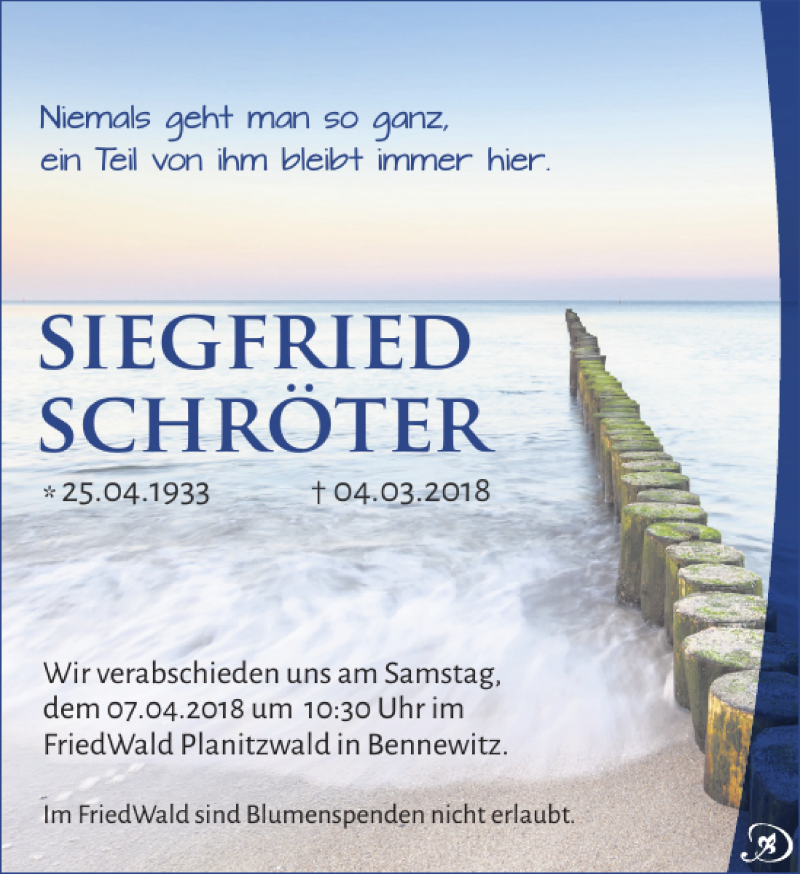 Traueranzeigen Von Siegfried Schr Ter Trauer Anzeigen De