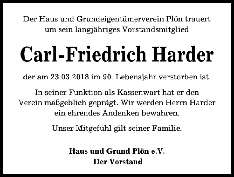 Traueranzeigen Von Carl Friedrich Harder Trauer Anzeigen De