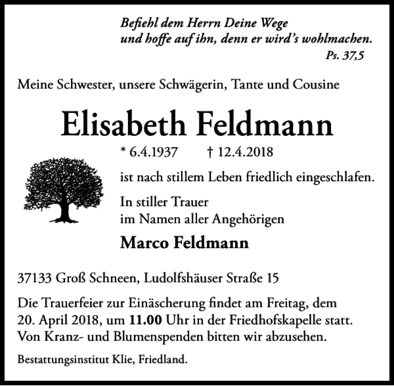 Traueranzeigen Von Elisabeth Feldmann Trauer Anzeigen De