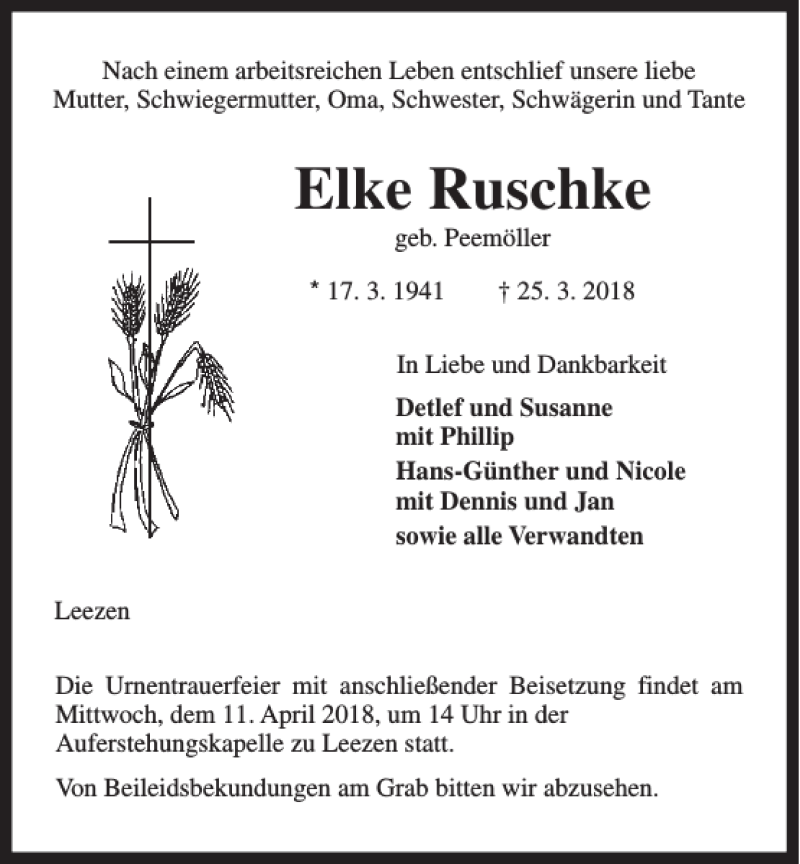 Traueranzeigen Von Elke Ruschke Geb Peem Ller Trauer Anzeigen De